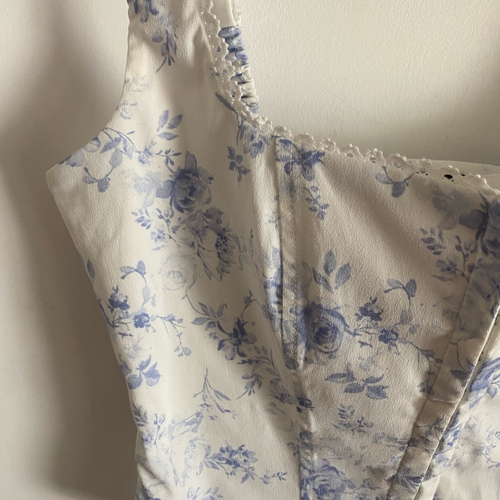 Floral Blue and White Women's Corset Top Feminine Cottagecore - Picture 2 of 6